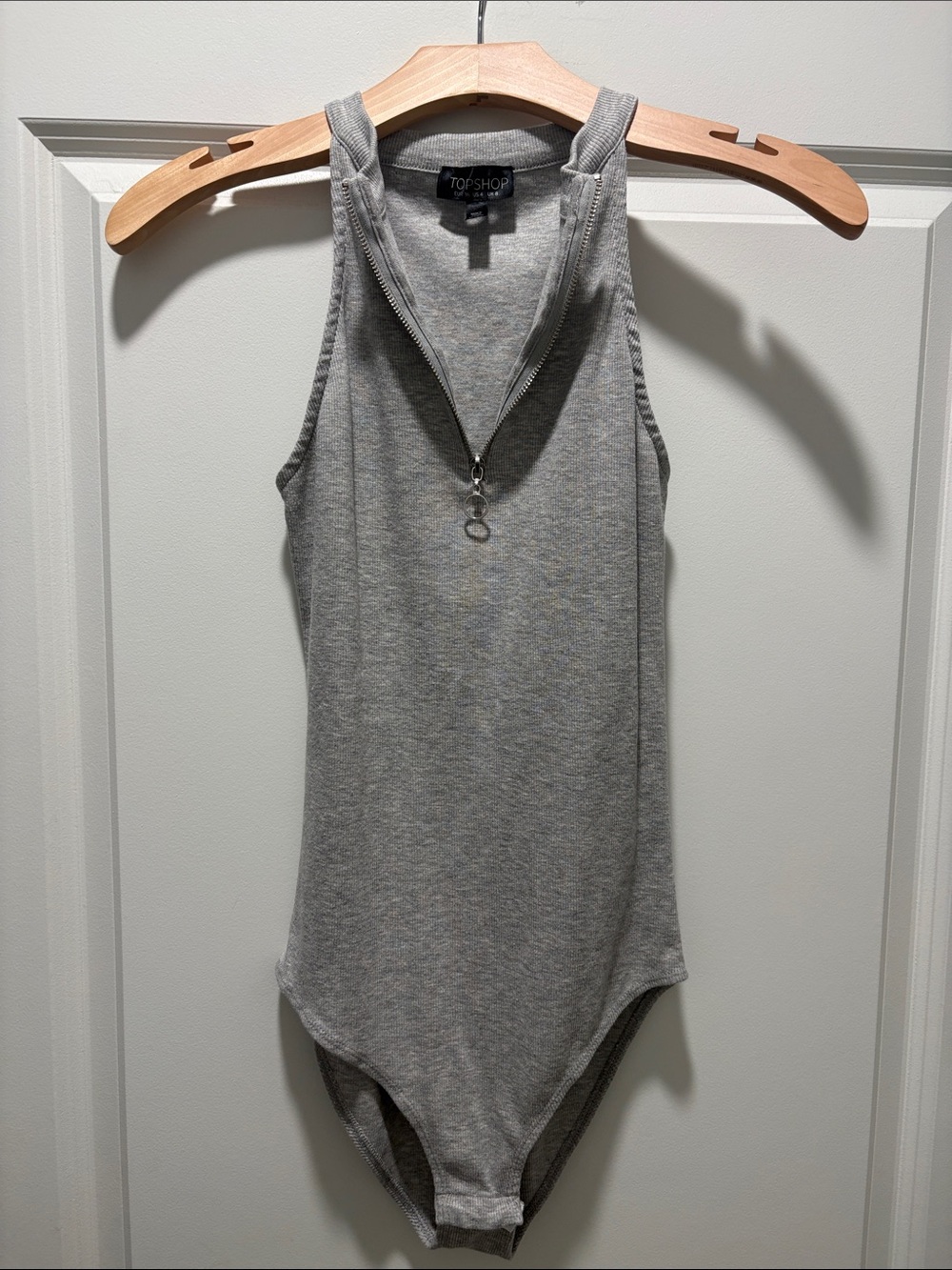 TOPSHOP Light Gray Sleeveless Zip-Front Bodysuit